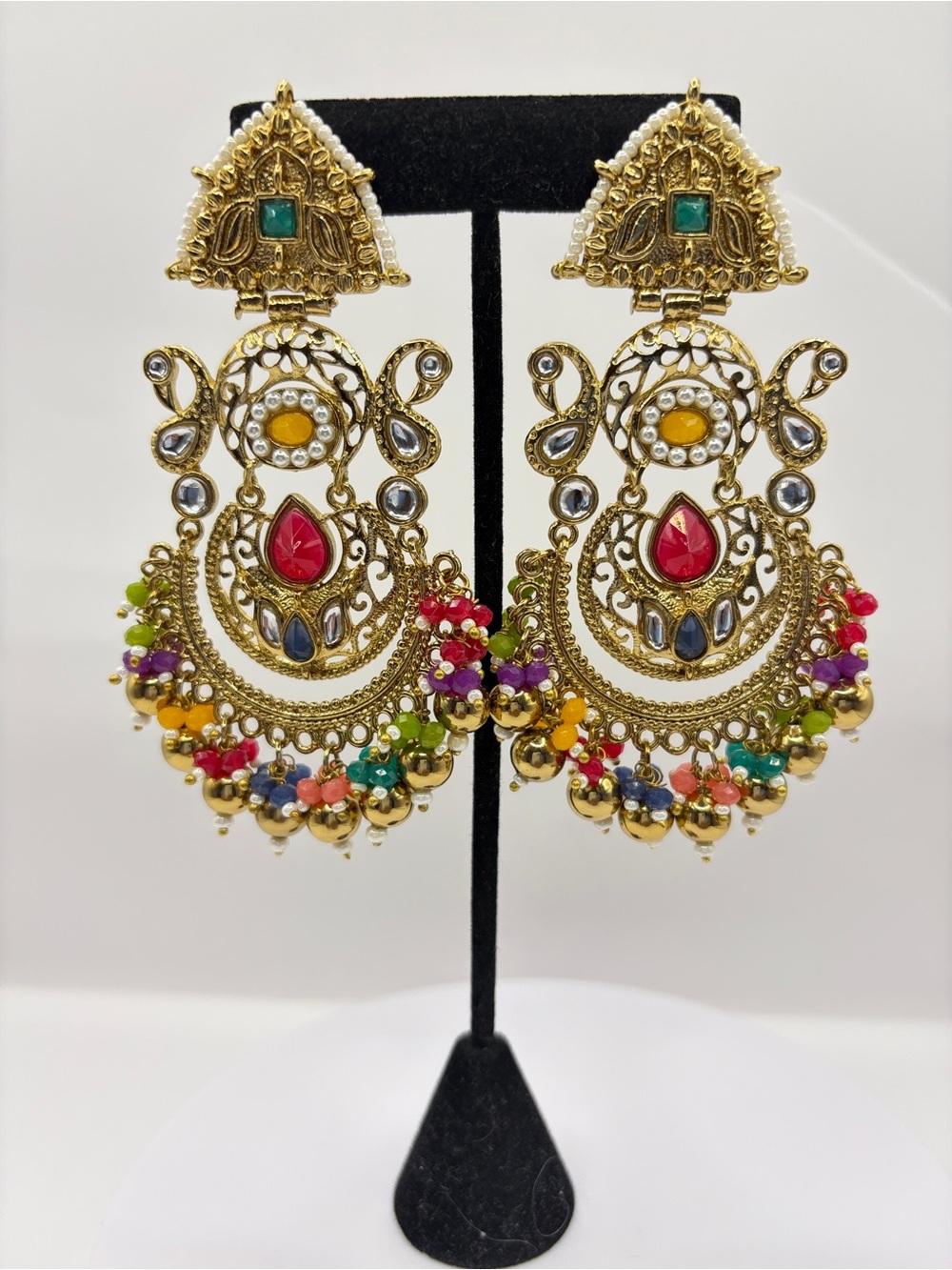 Gold-tone Multicolor Chandbali Earrings with Red Accent -